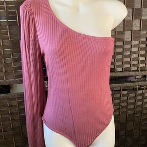 Pink One-Shoulder Ribbed Bodysuit